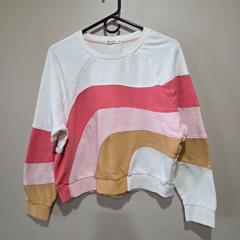 Marine Layer Colorblock Cropped Sweatshirt Rainbow Wave Soft Fleece Pullover M - Picture 2 of 7